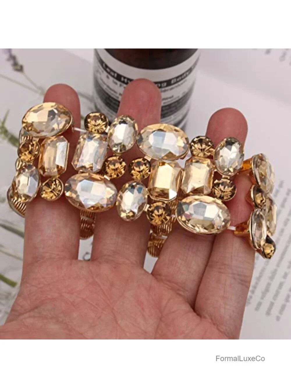 Wedding Bridal Crystal Leaf Flower Stretch Bangle Bracelet Women